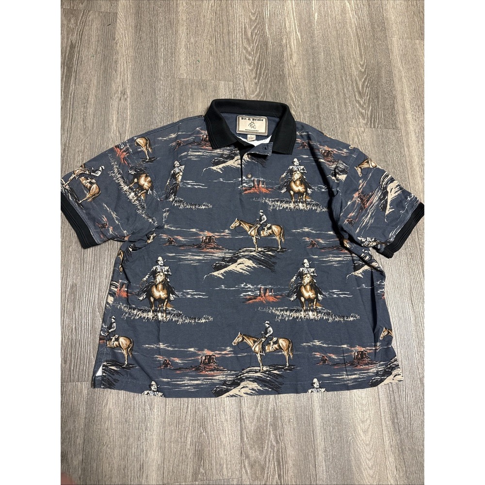 Bit And Bridle Western Polo Shirt AOP Cowboys Horses Aztec Mens L Boxy